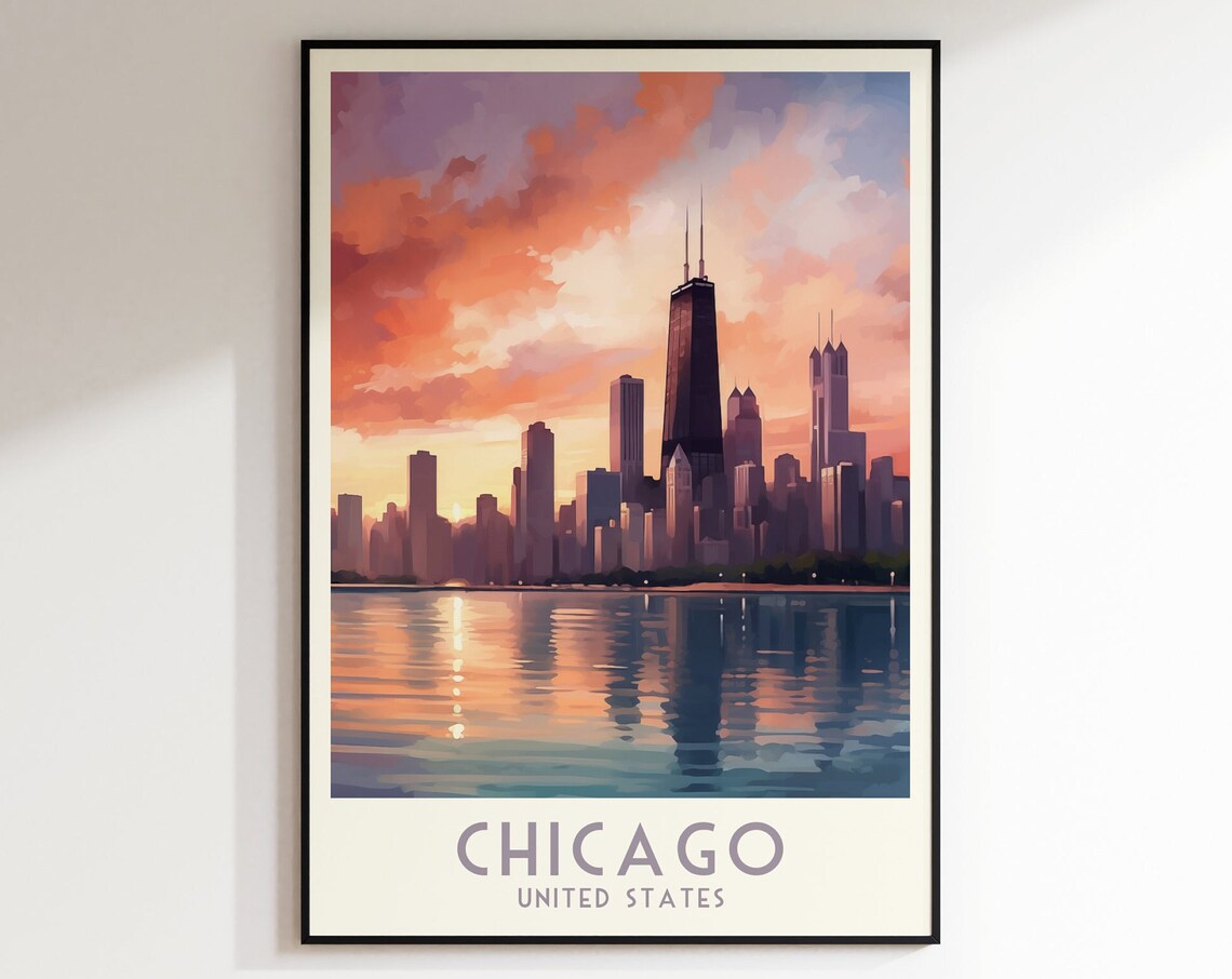 Chicago Sunset Skyline Over the Water Vintage Retro Travel Poster