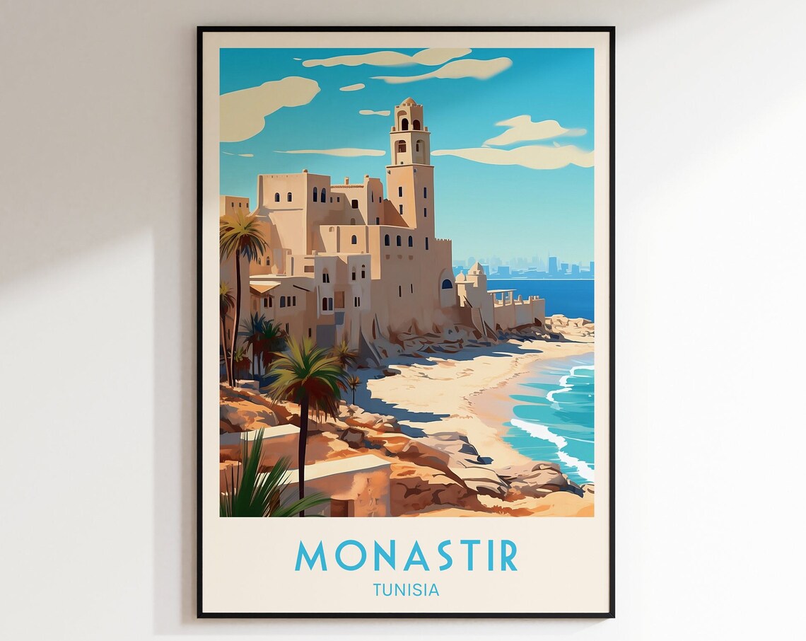 Monastir Tunisia Coastal Fortress Golden Beach Retro Travel Poster