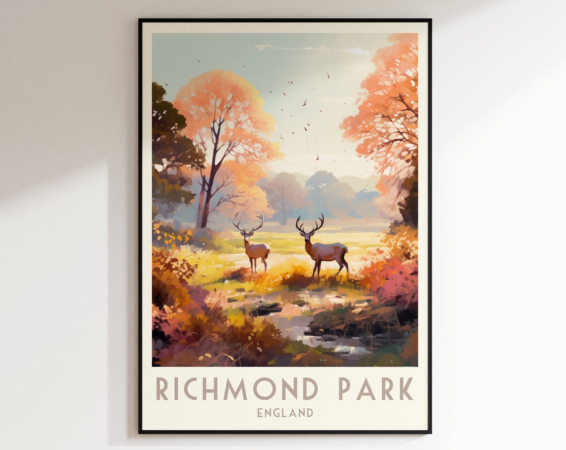Richmond Park London Stags Autumn Meadow Morning Light Poster