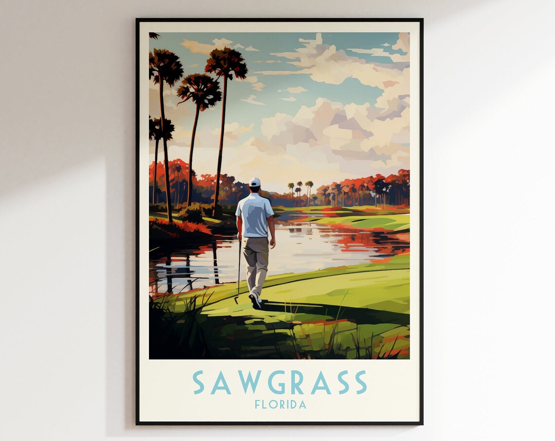 Sawgrass Florida Golfer by Water Palm Trees Sunset Golf Poster