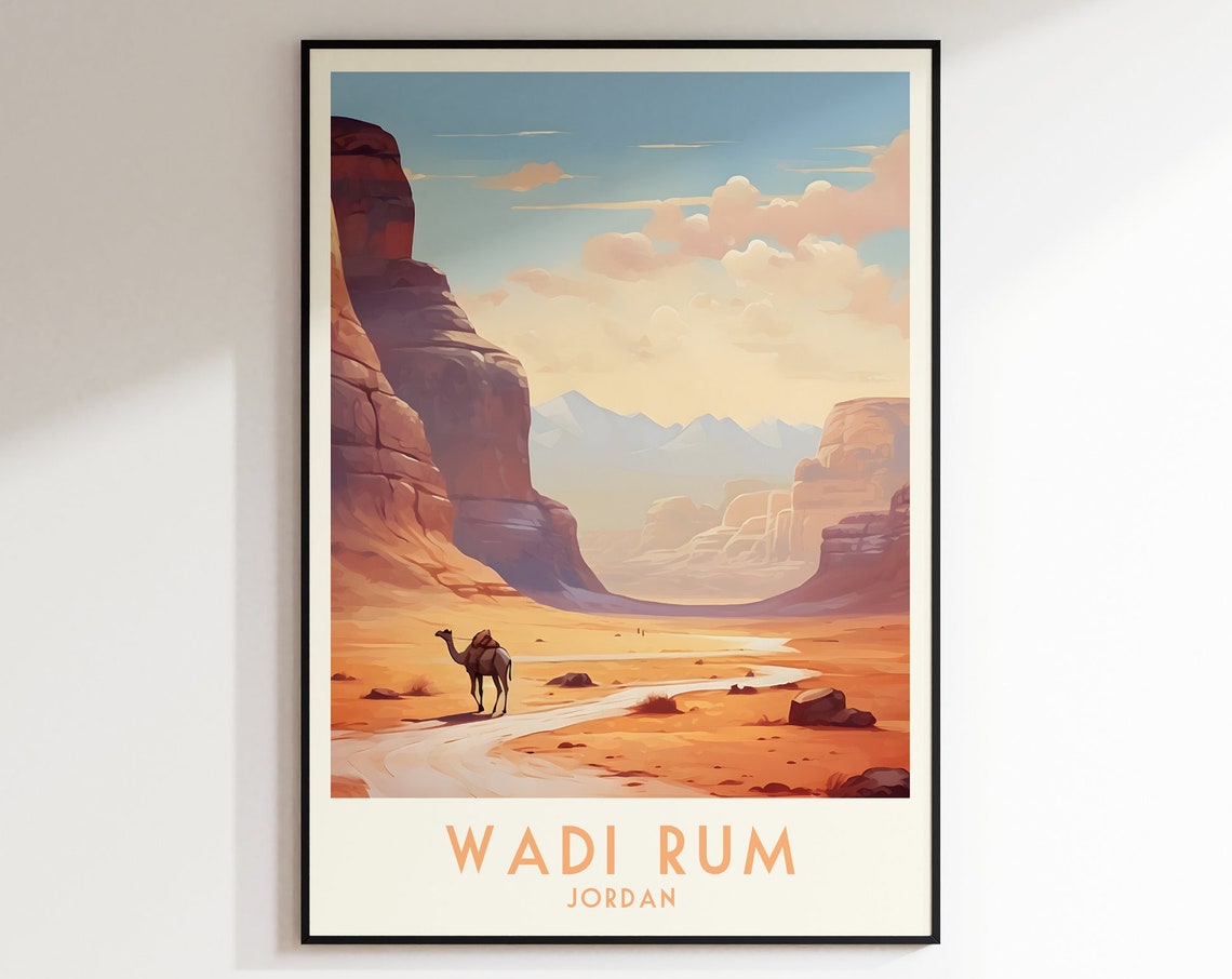 Wadi Rum Jordan Desert Camel Red Cliffs Vintage Travel Poster