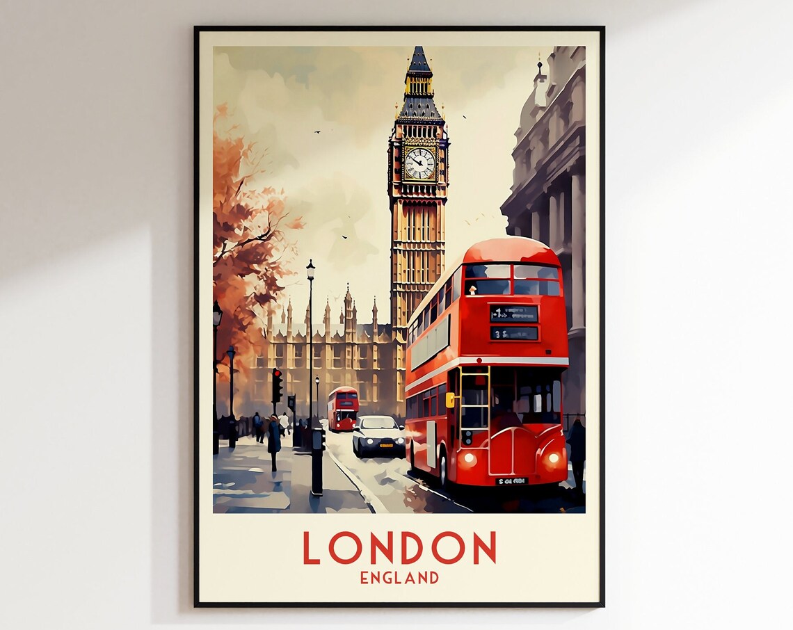London England Big Ben Red Double Decker Bus Vintage Travel Poster