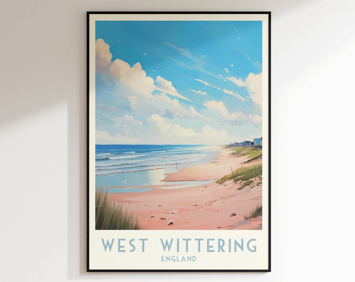 West Wittering England Poster with Sandy Beach and Rolling Waves