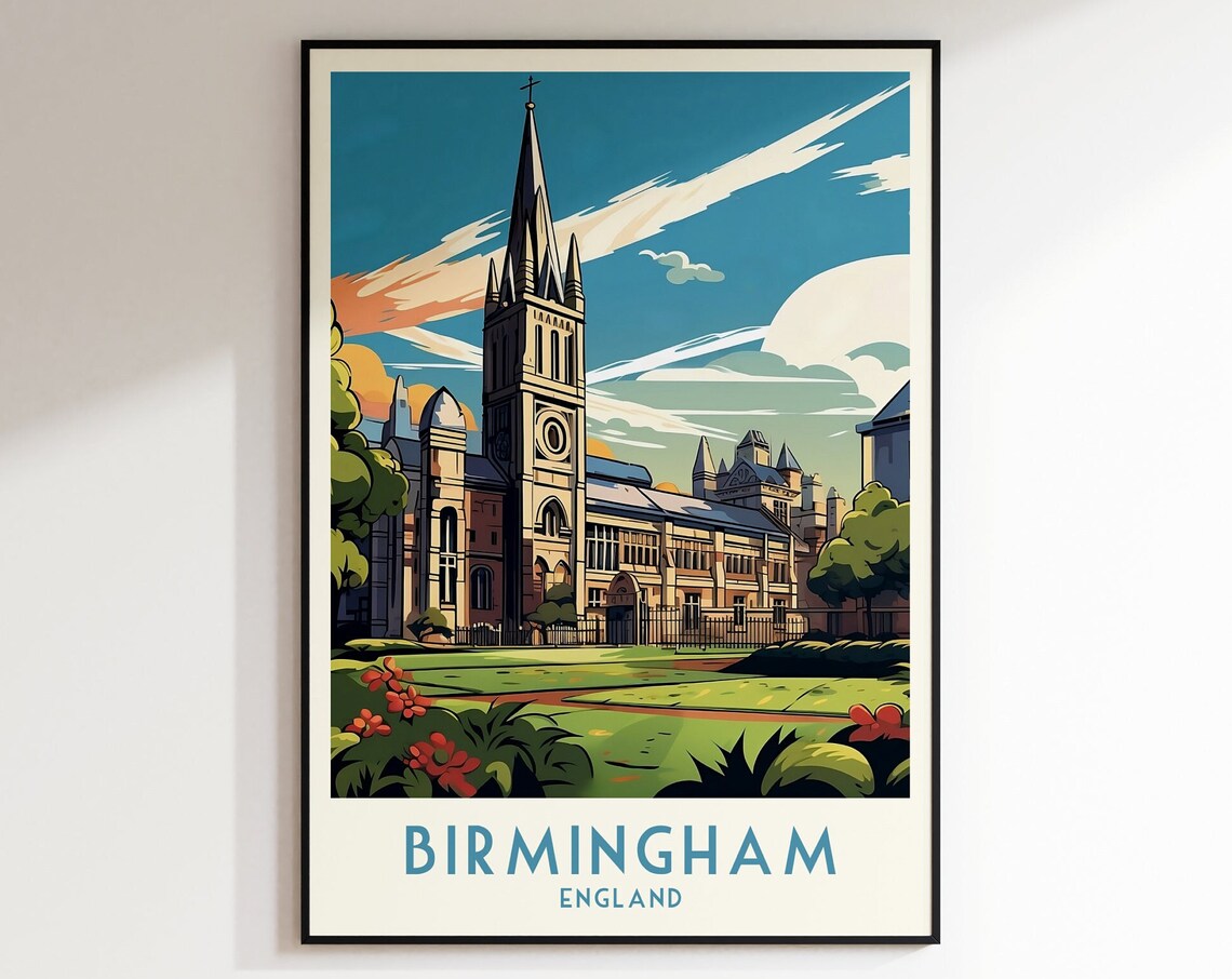 Birmingham England Historic Church Spire Garden Sunset Poster