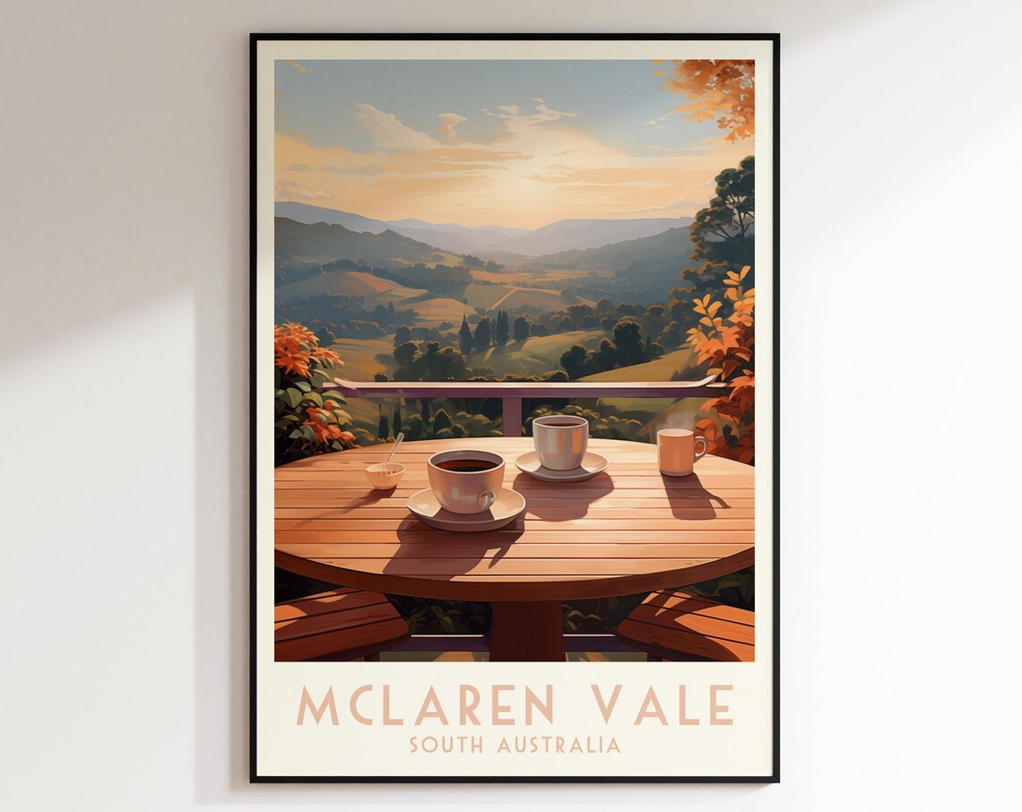 McLaren Vale South Australia Poster with Coffee Cups at Sunset Hills