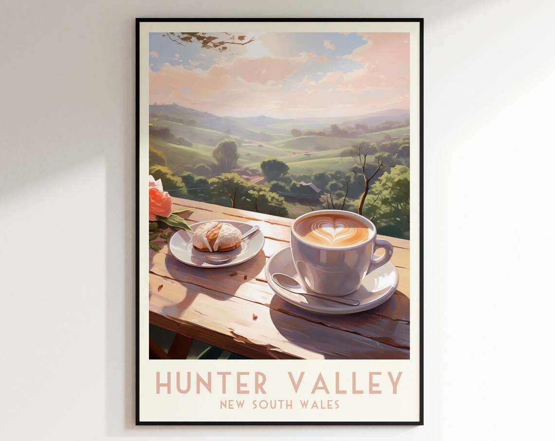 Hunter Valley Poster with Latte Art and Croissant on a Deck View