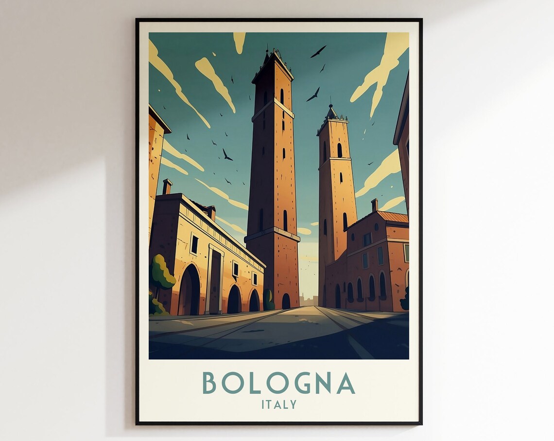 Bologna Two Towers Medieval Street Birds Vintage Italy Travel Poster