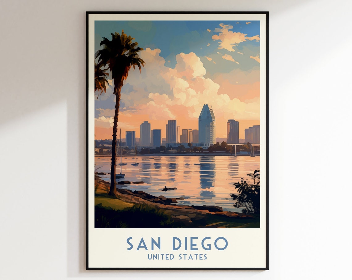 San Diego Poster with Skyline Sunset Reflections and Palm Tree
