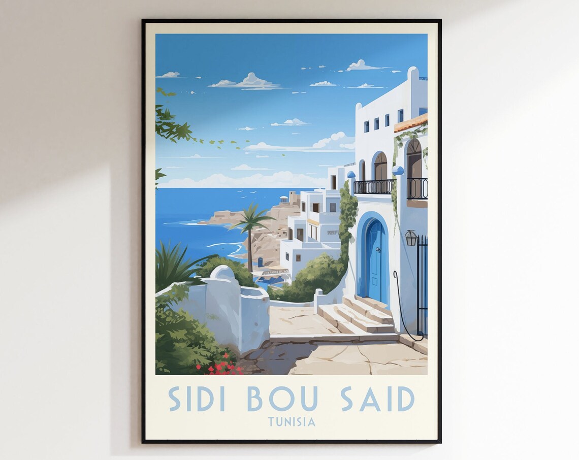 Sidi Bou Said Tunisia Blue Door Alley Sea View Travel Poster