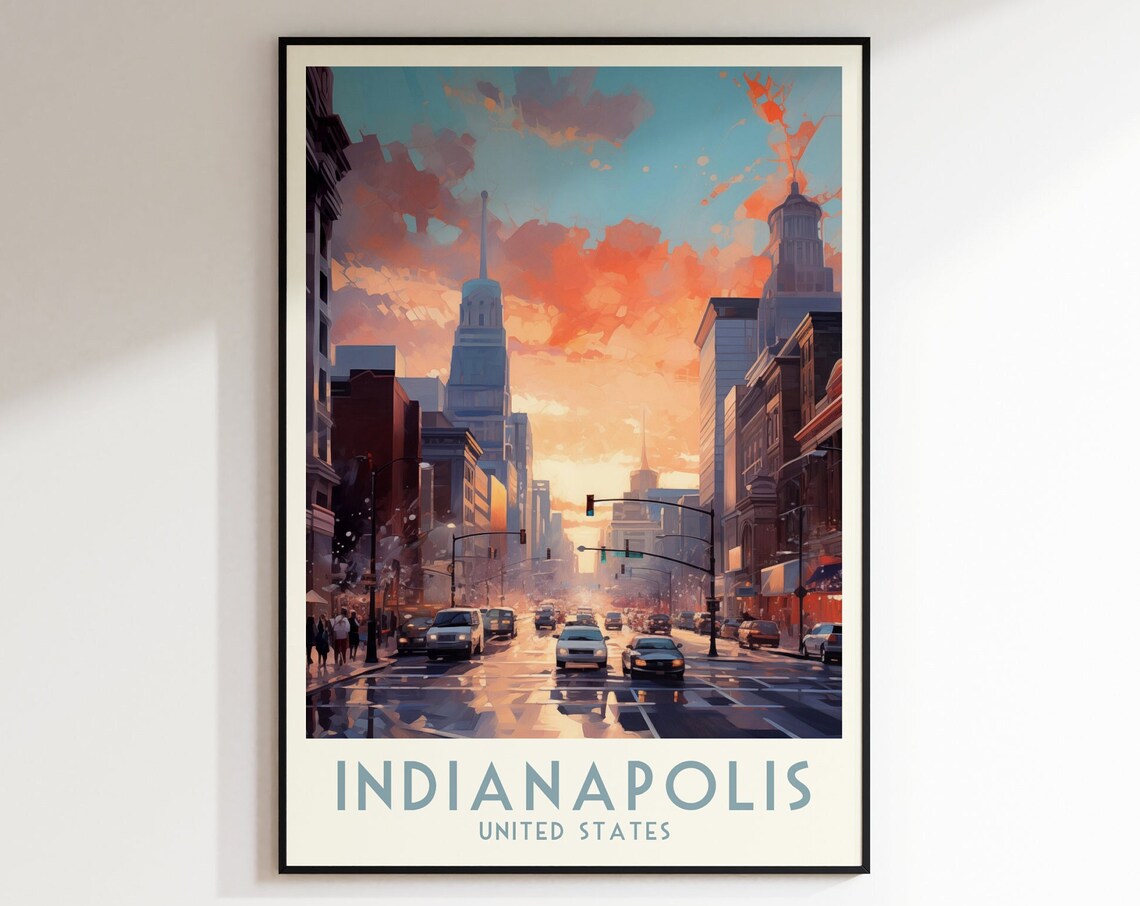 Indianapolis Downtown Street Sunset Urban Skyline Travel Poster