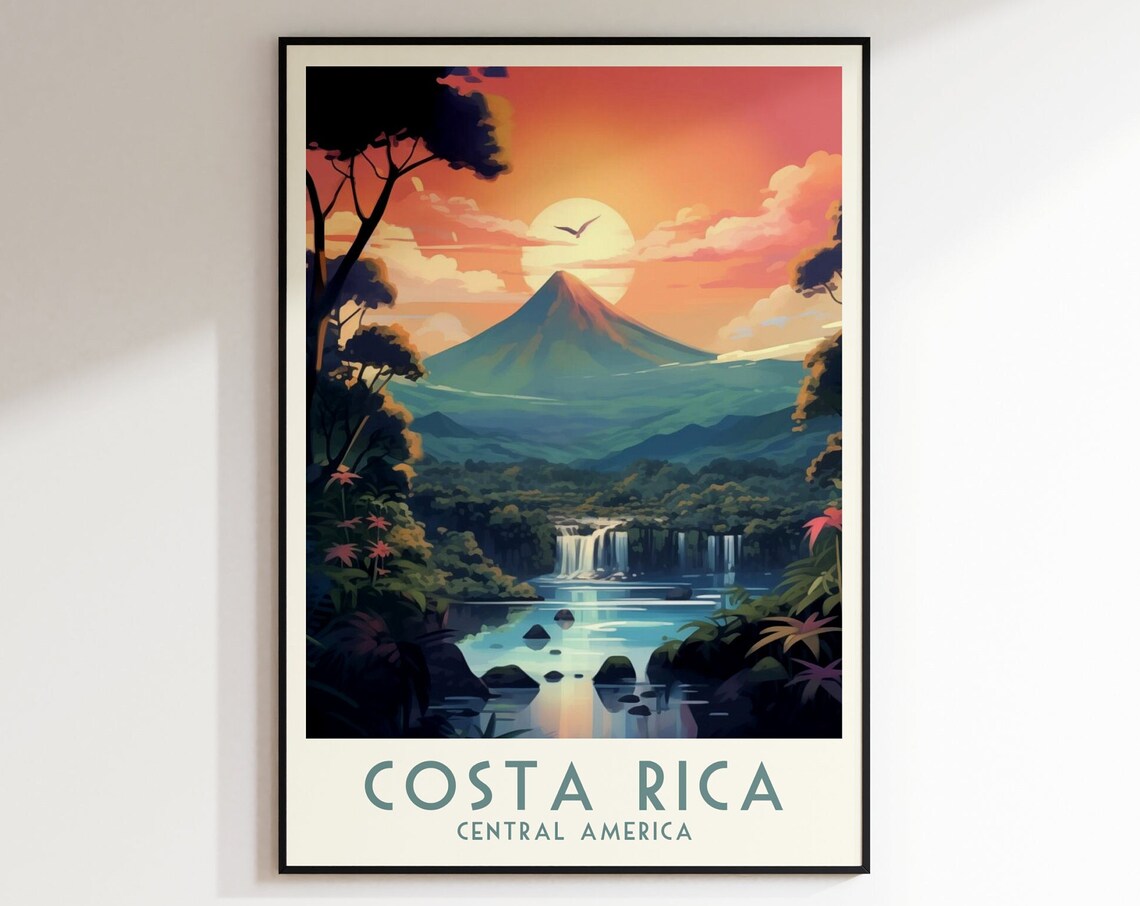 Costa Rica Volcano and Waterfall Lagoon Scenic Travel Poster Art