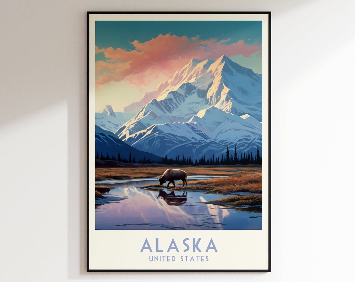 Alaska United States Moose Tundra Peak Sunrise Travel Poster