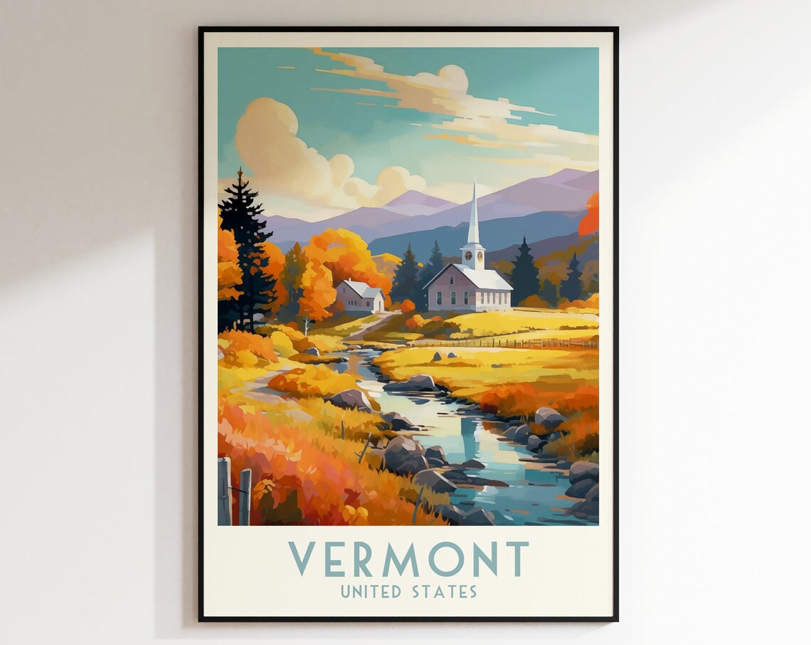 Vermont Autumn Church Riverside Fall Colors Valley Travel Poster