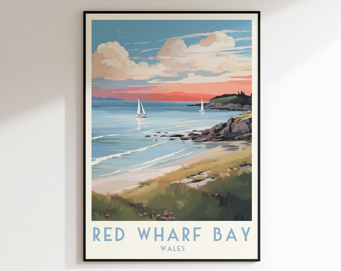 Red Wharf Bay Wales Sunset Sailboats on Calm Sea Travel Poster