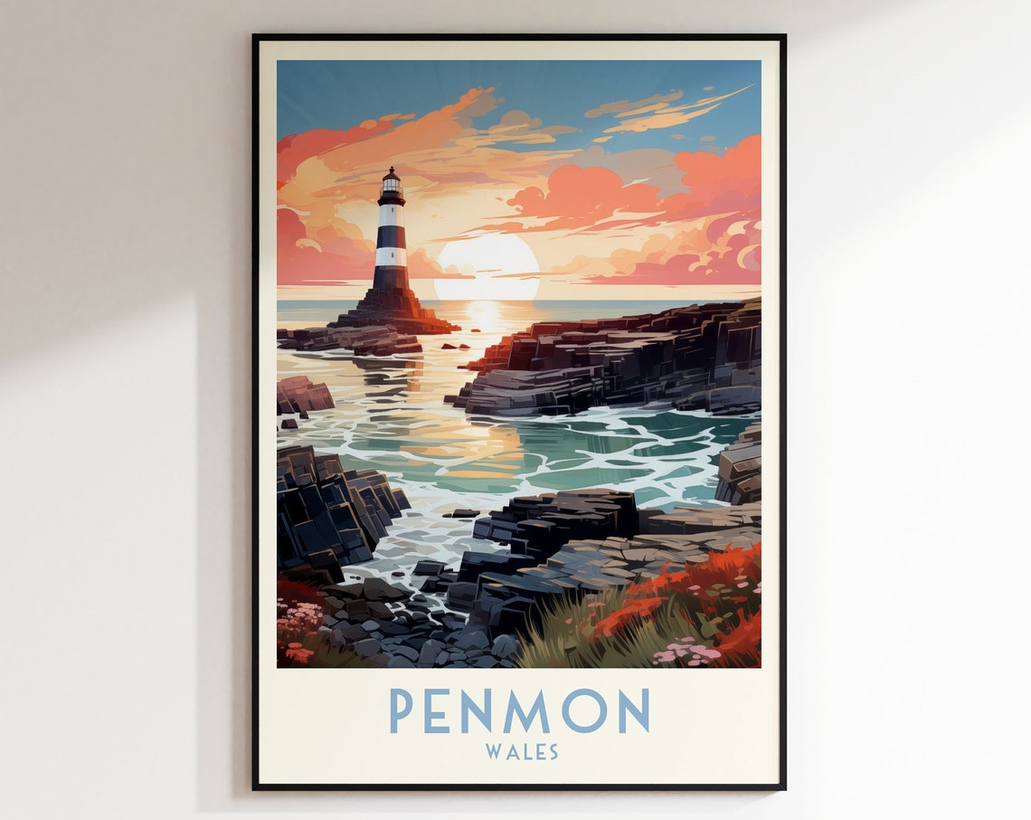 Penmon Wales Sunset Lighthouse Over Rocky Shore Travel Poster