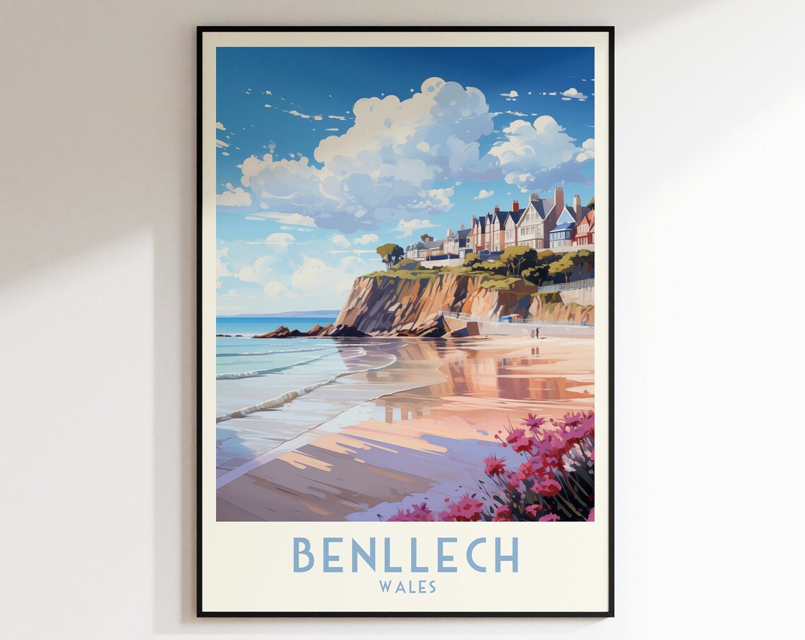 Benllech Wales Sandy Beach Beneath Cliff Top Homes Travel Poster