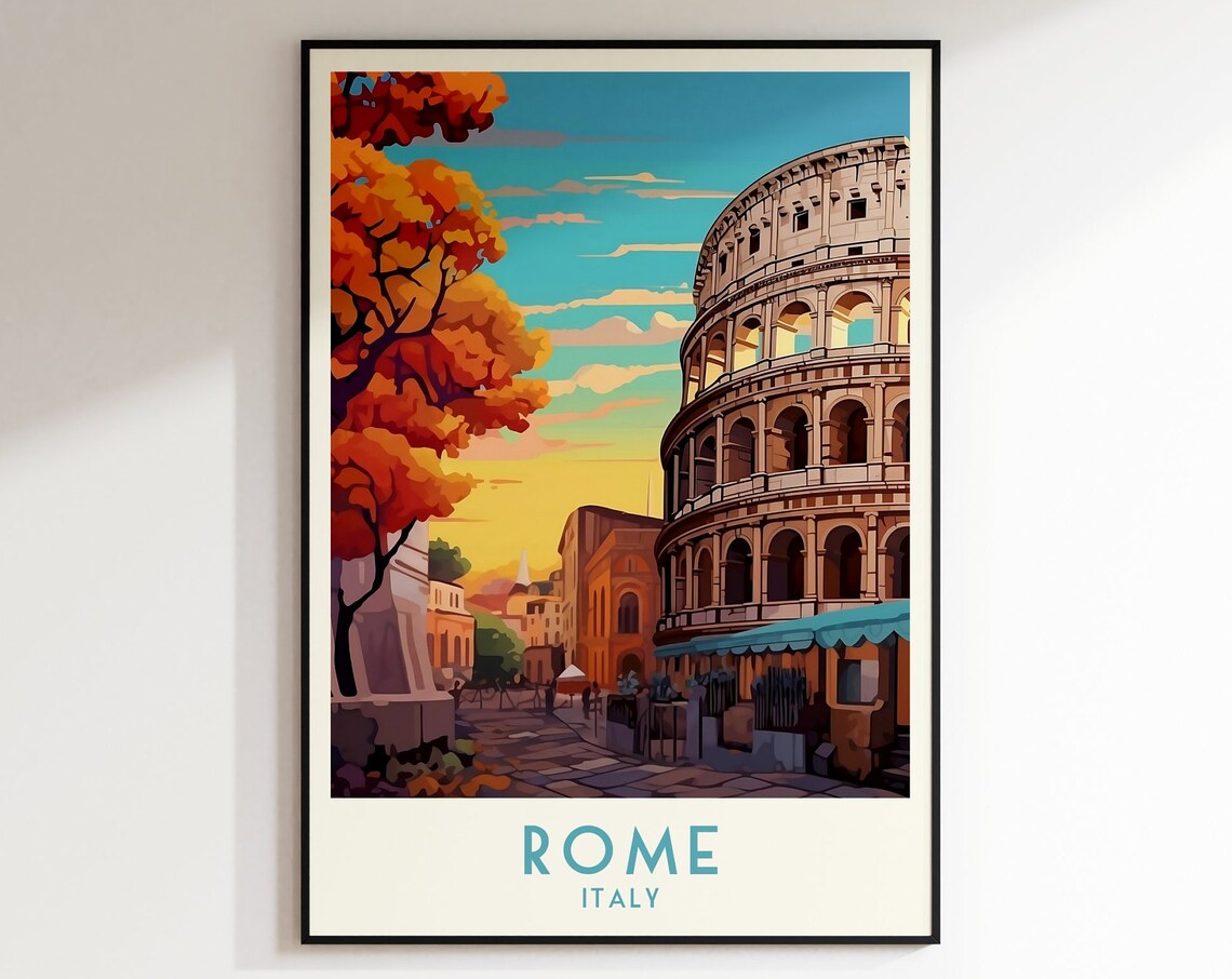 Rome Colosseum Autumn Street Golden Light Vintage Italy Travel Poster