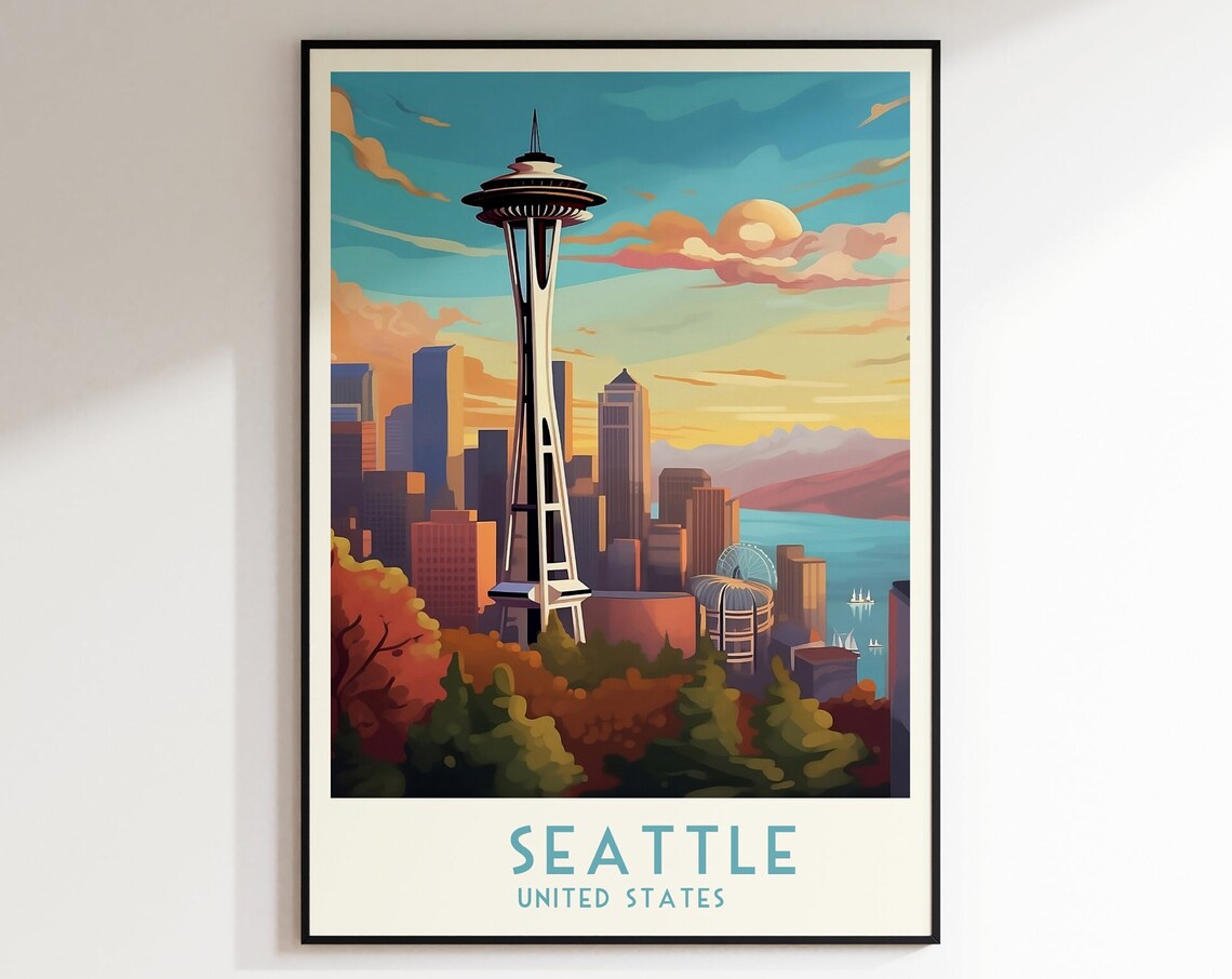 Seattle Space Needle Skyline Sunset Vintage Washington Travel Poster