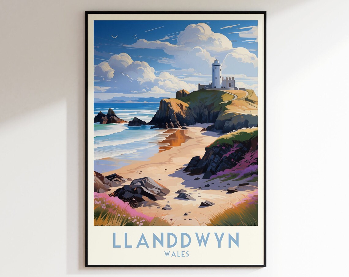 Llanddwyn Wales Lighthouse Rocky Headland Beach Travel Poster
