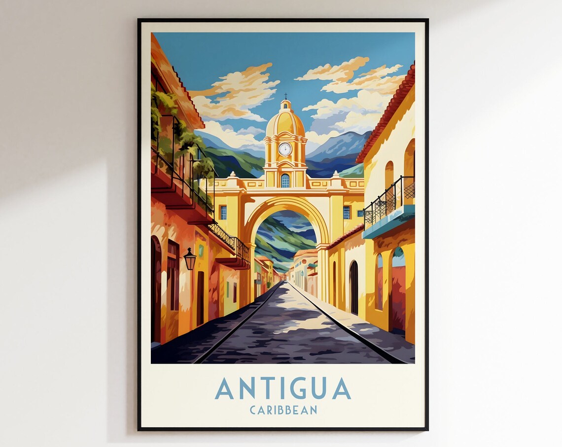 Antigua Caribbean Yellow Arch Colonial Street Vintage Travel Poster