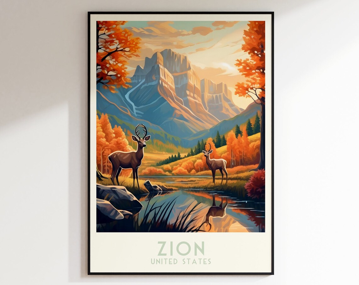 Zion National Park Deer Pond Autumn Canyon Scene Vintage Travel Poster