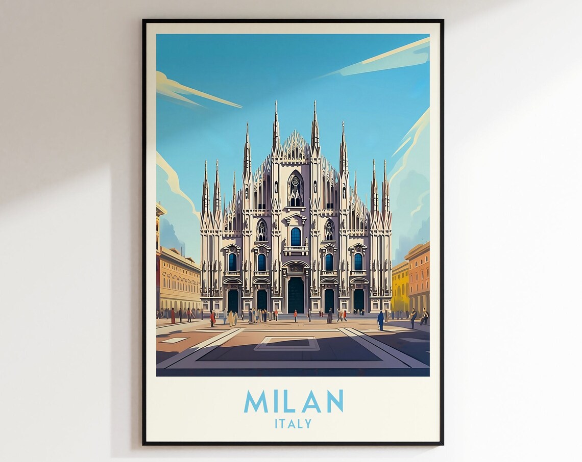 Milan Cathedral Duomo Square Crowd Vintage Italy Travel Poster