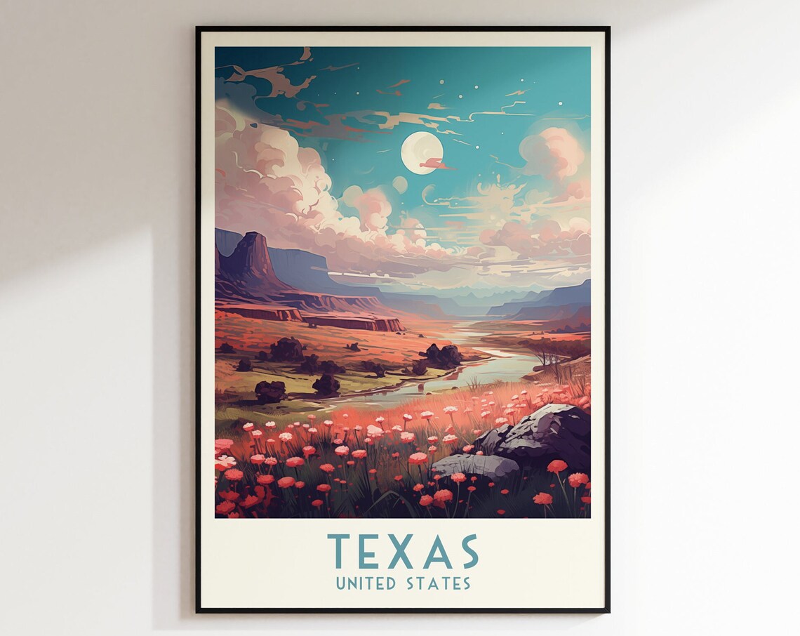 Texas Moonlit Canyon Wildflower Valley Desert Night Travel Poster
