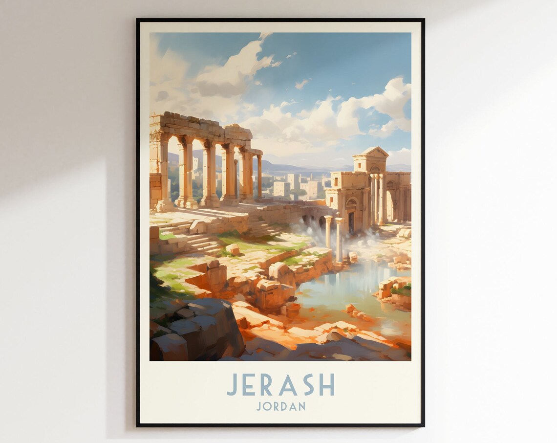Jerash Jordan Ancient Roman Ruins Columns Vintage Travel Poster