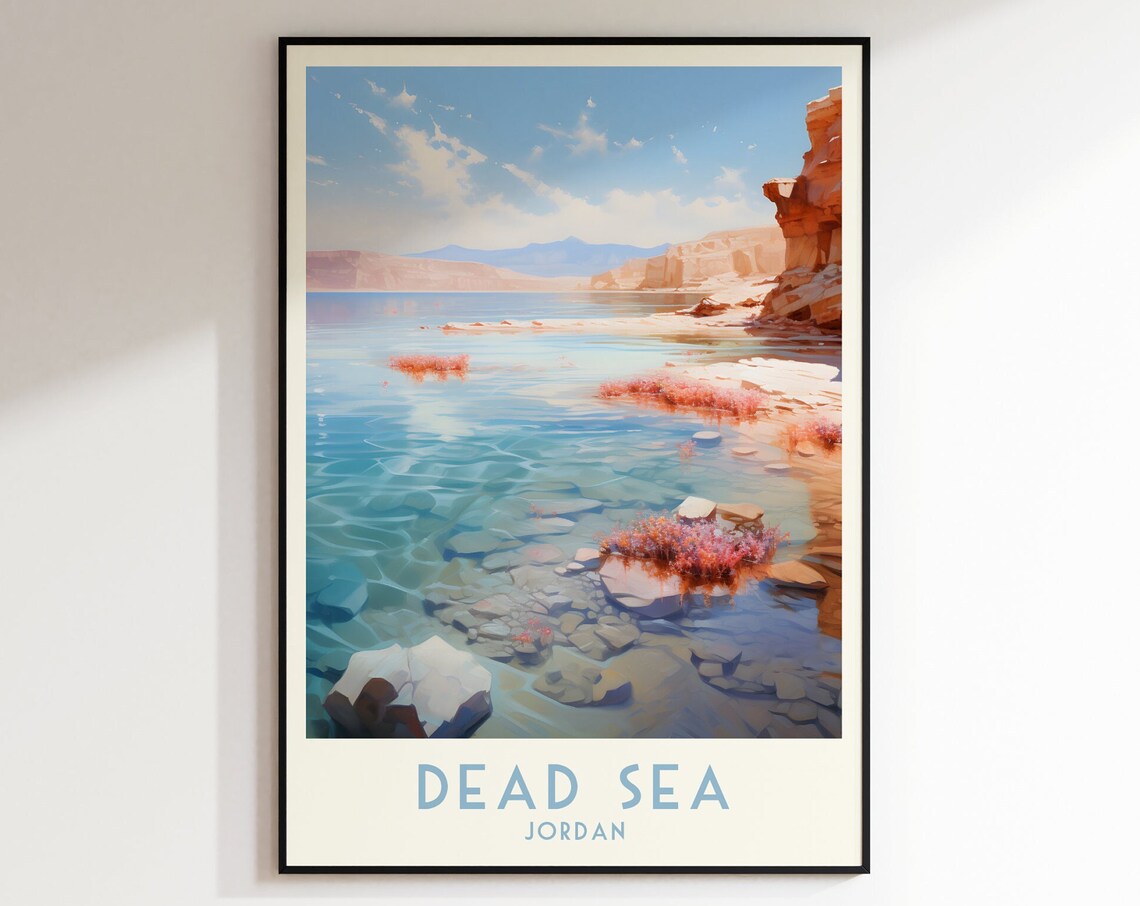 Dead Sea Jordan Rocky Shoreline Cliffs Vintage Travel Poster