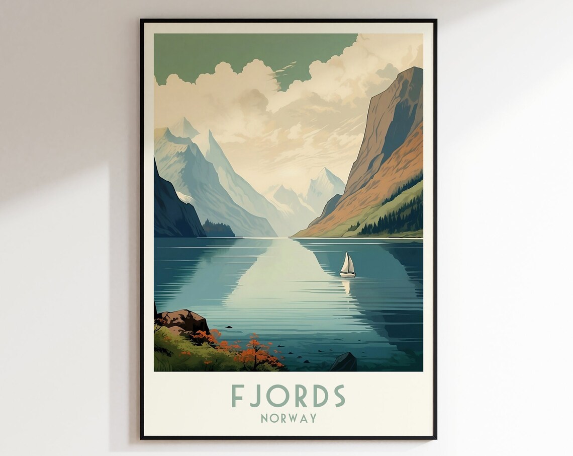 Norway Fjords Sailboat Still Water Vintage Scandinavian Travel Poster