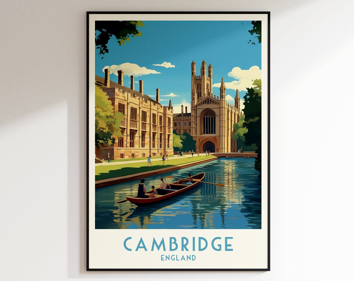 Cambridge King's College Chapel Punting Cam Vintage Travel Poster