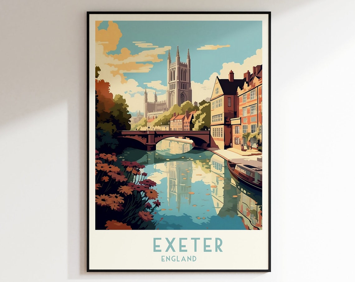 Exeter Cathedral River Reflection Autumn Vintage England Travel Poster