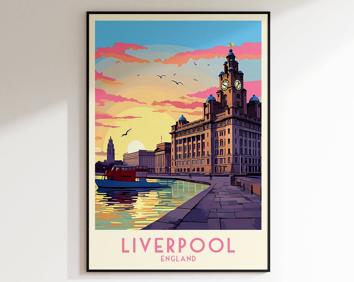 Liverpool England Vintage Waterfront Sunset Clock Tower Poster