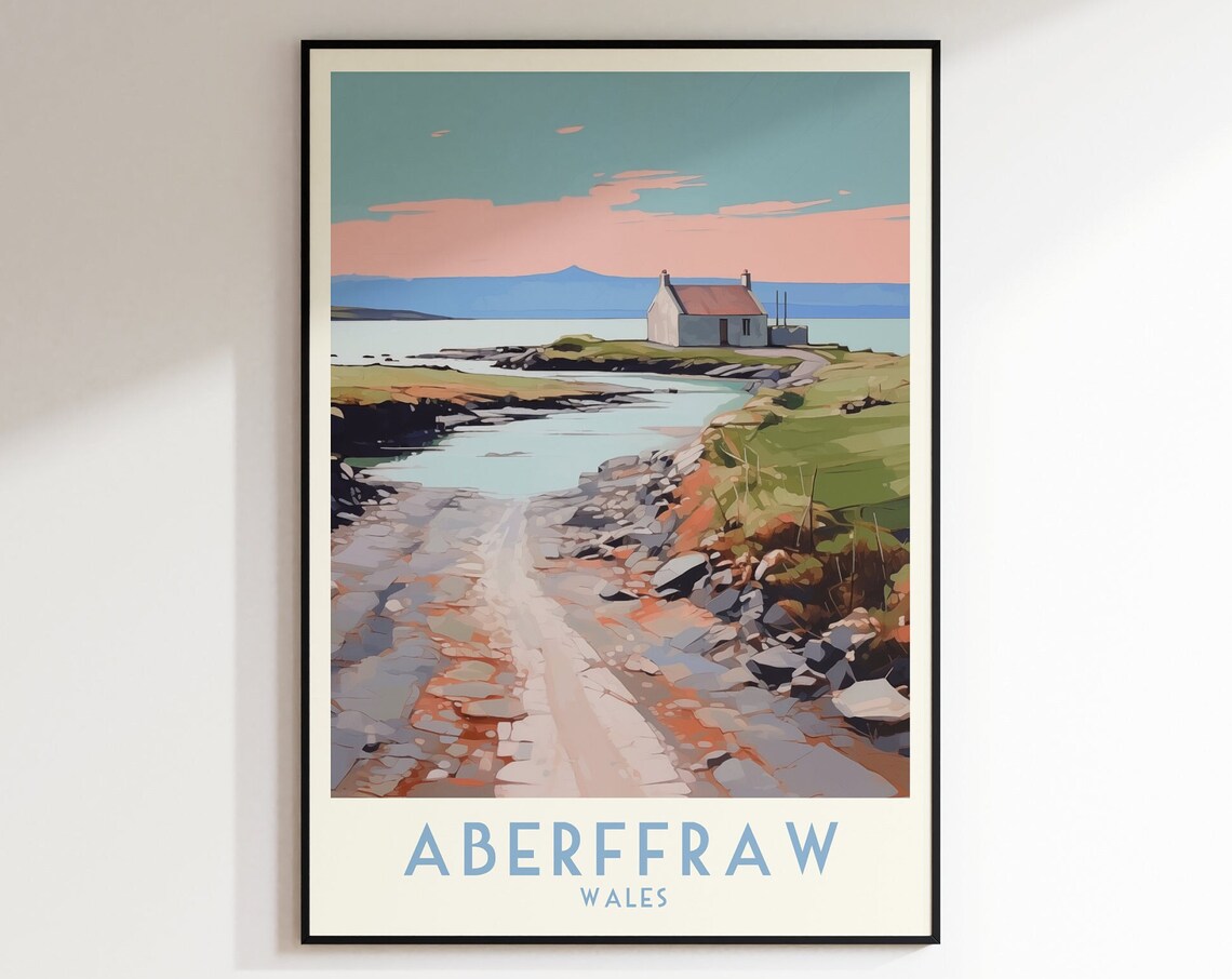 Aberffraw Wales Coastal Cottage Rocky Shoreline Travel Poster