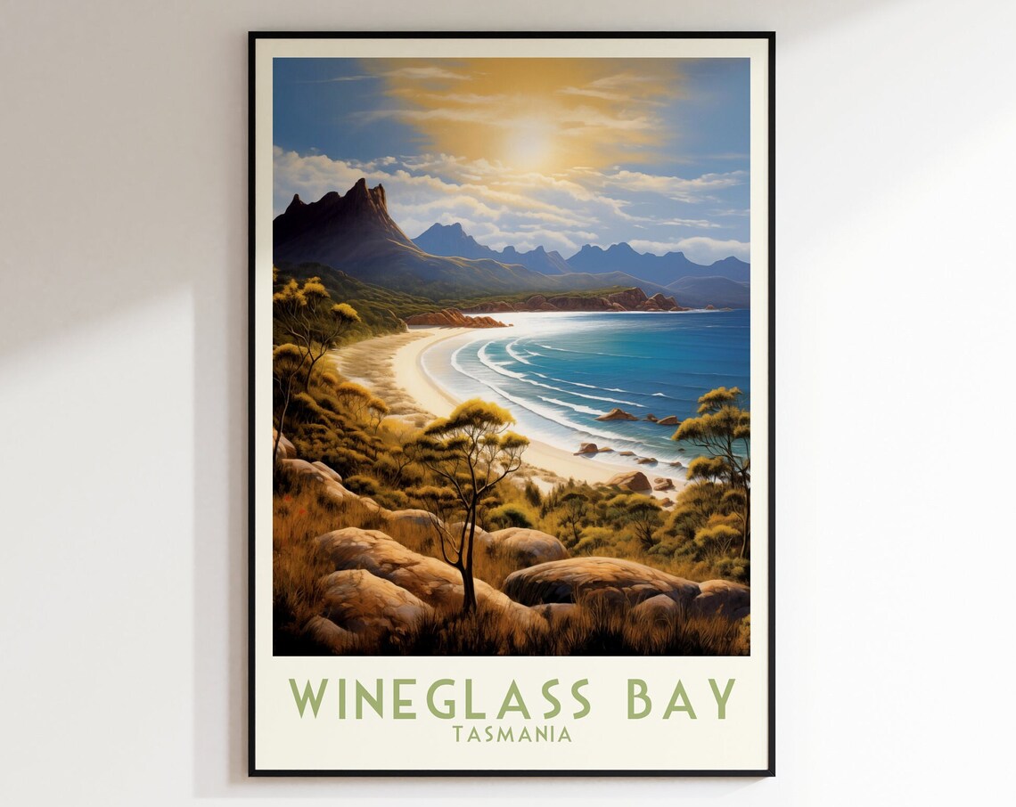 Wineglass Bay Tasmania Golden Beach Mountain Coast Travel Poster