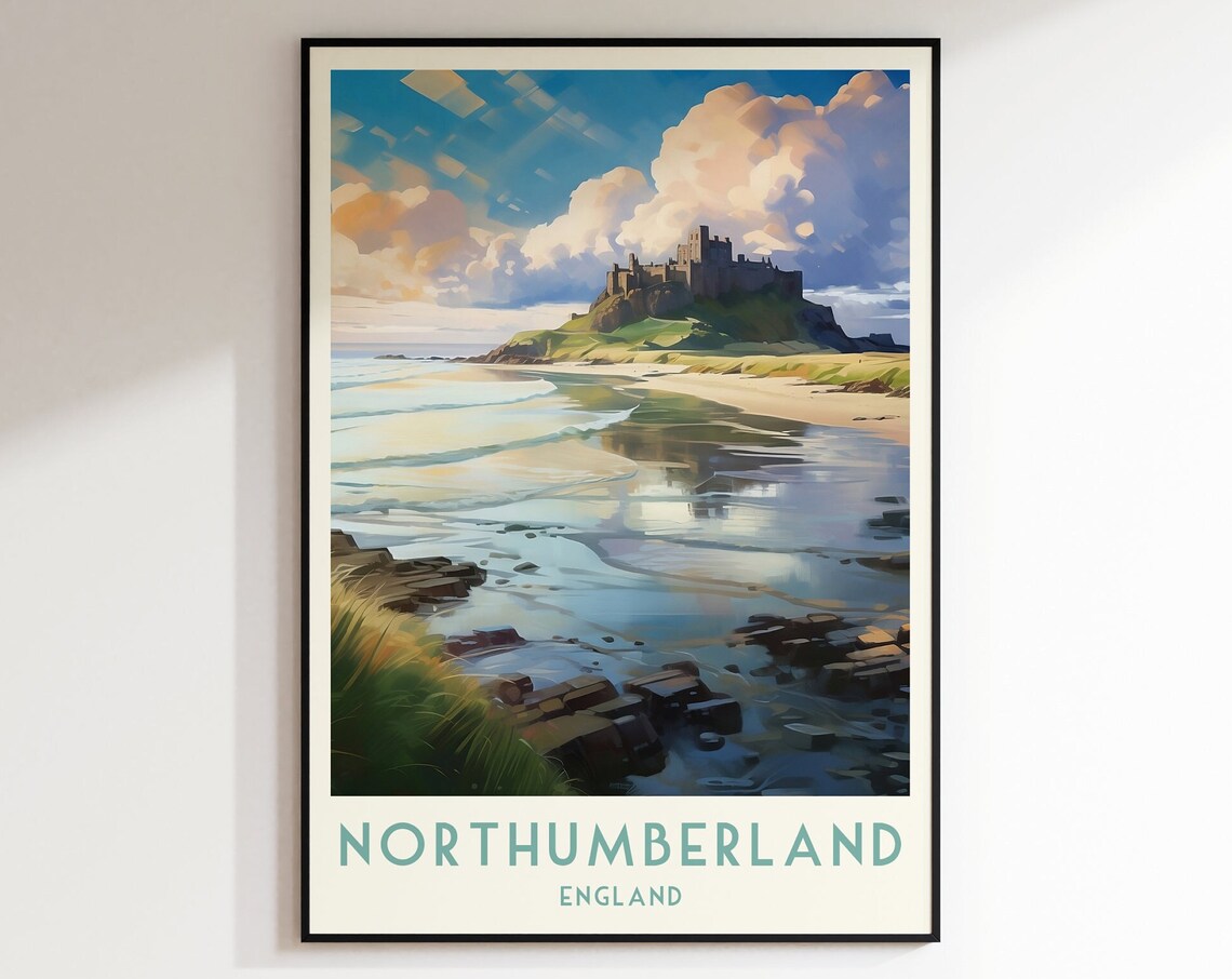 Northumberland England Clifftop Castle Beach Sunset Travel Poster