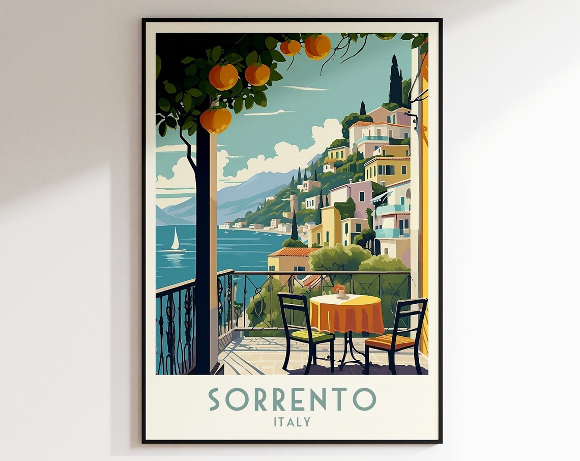 Sorrento Italy Retro Terrace Orange Tree Bay View Scene Poster