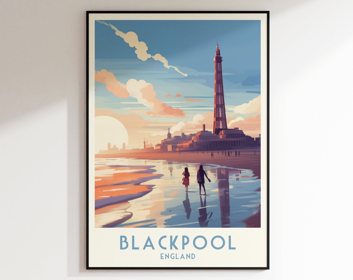 Blackpool England Tower Sunset Beach Promenade Travel Poster