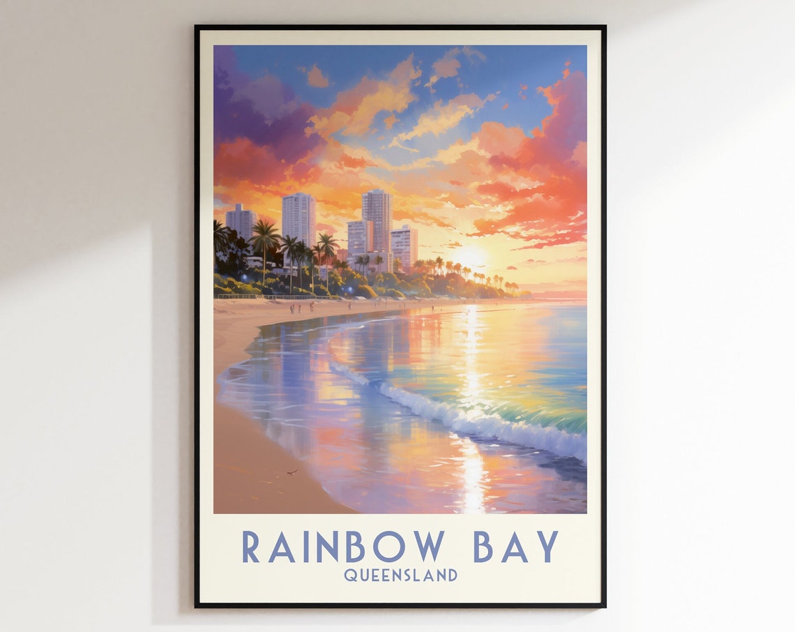 Rainbow Bay Queensland Sunset Beach City Skyline Travel Poster