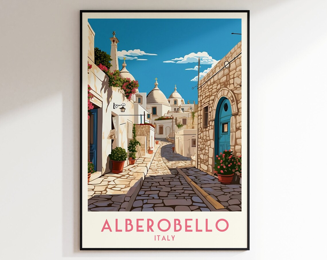 Alberobello Italy Vintage Trulli Stone Street Blue Doors Poster
