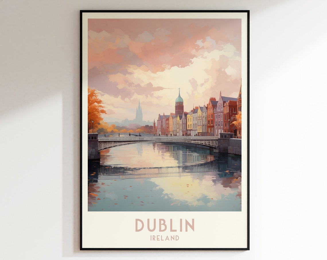 Dublin Ireland River Bridge Autumn City Skyline Travel Poster