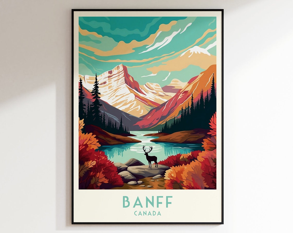 Banff Canada Vintage Autumn Mountain Lake Deer Silhouette Poster