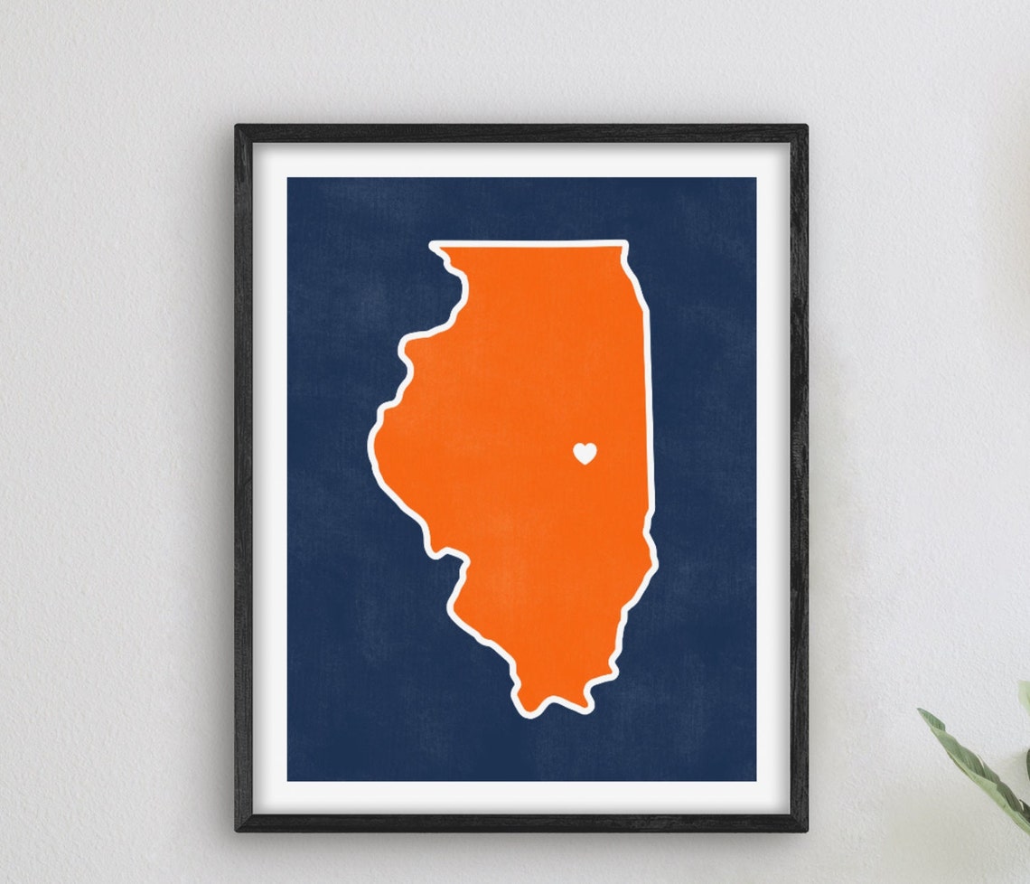 Illinois State Heart Map Navy and Orange College Town Art Poster
