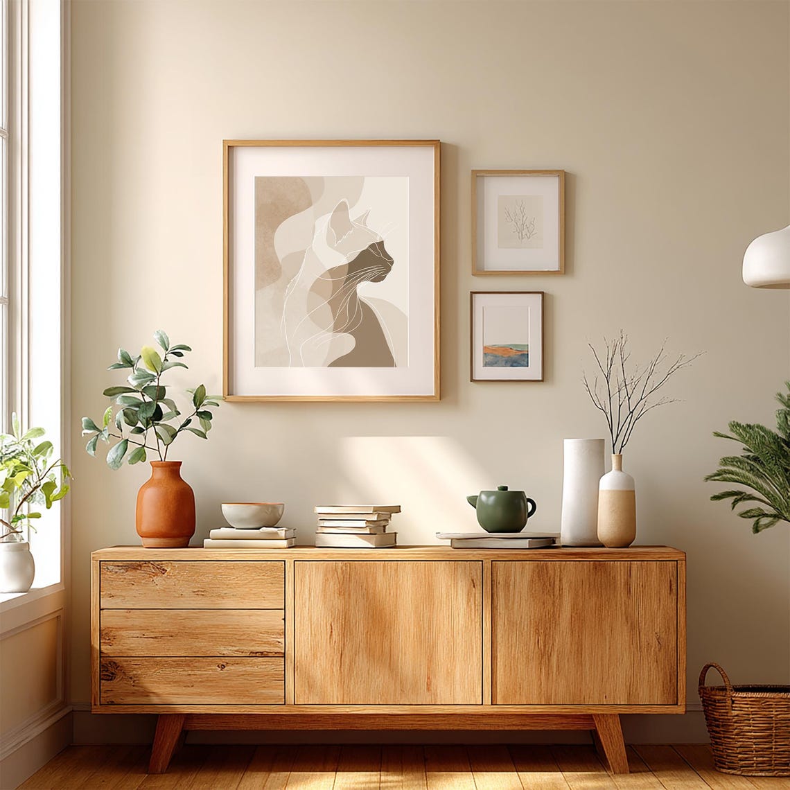 Minimalist Cat Line Art Neutral Beige Abstract Wall Decor Poster - Image 3