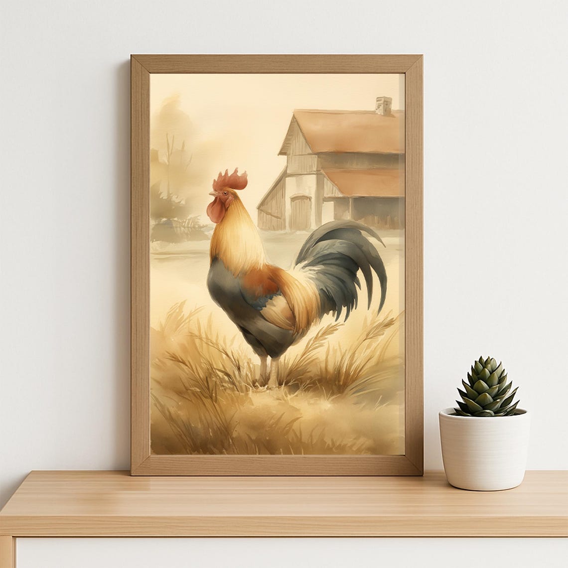 Proud Rooster In Golden Wheat Field With Rustic Barn Watercolor Poster - Image 5