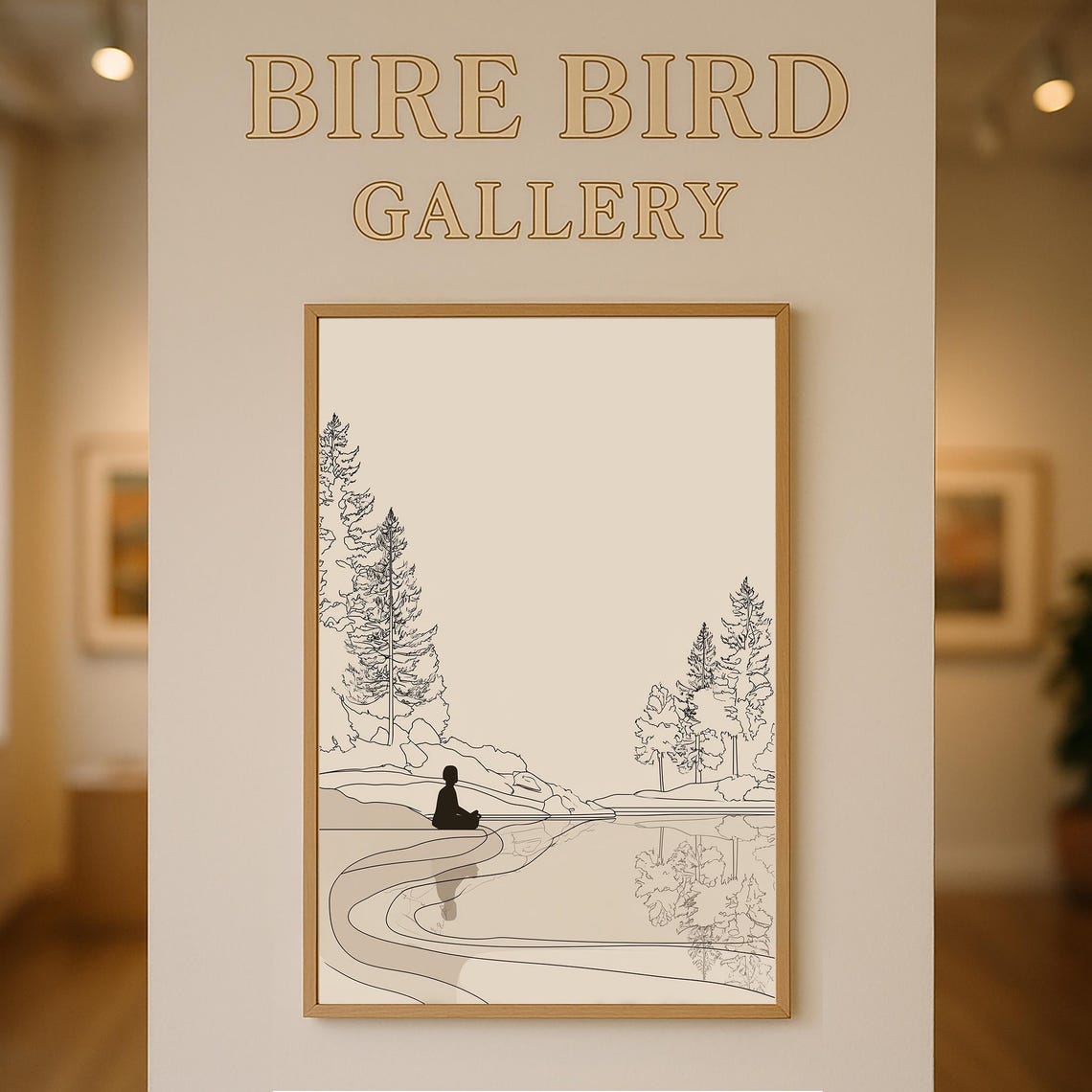 Minimalist Lake Meditation Line Drawing With Pines Reflection Poster