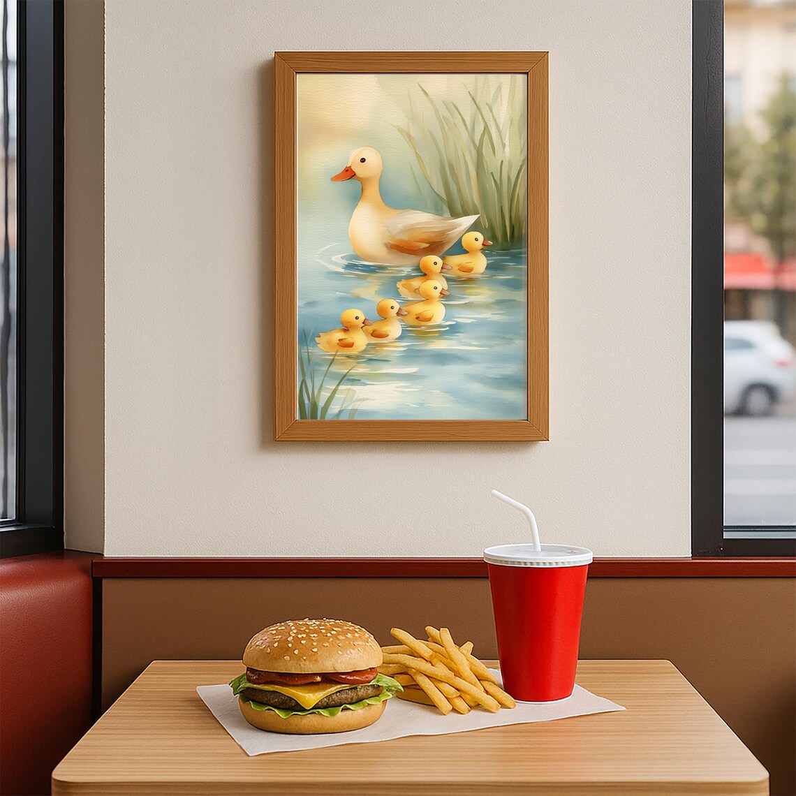 Mother Duck With Five Ducklings Swimming Watercolor Cute Nursery Poster - Image 3