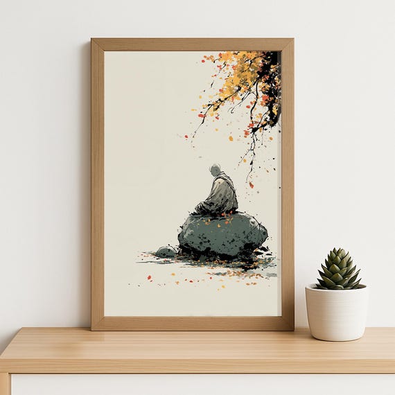 Zen Monk Autumn Watercolor Print Peaceful Meditation Wall Art For Mindfulness Decor Yoga Studio Spiritual Gift Or Asian Inspired Space