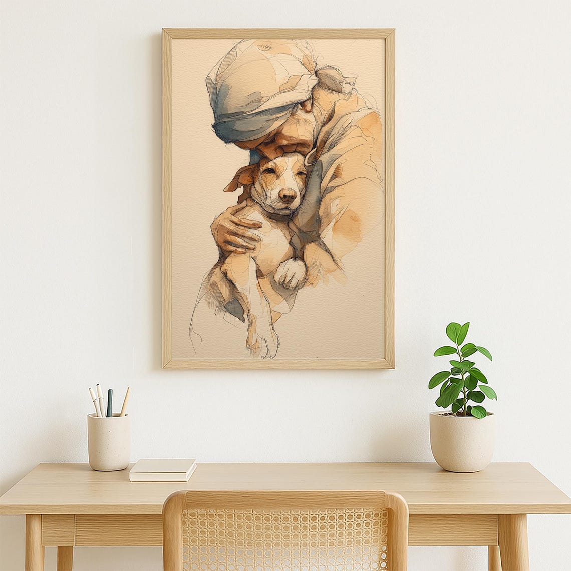 Rescue Moment Woman Volunteer Hugging A Stray Dog In Warm Embrace Emotional Animal Shelter Watercolor Sketch For Lovers Rescuers - Image 2