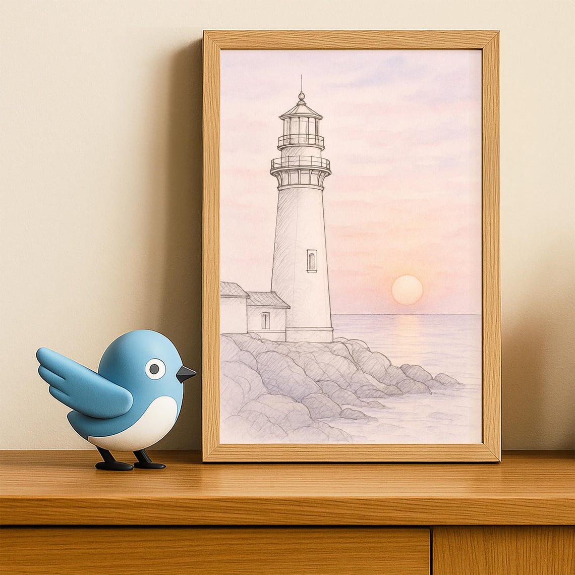Lighthouse Sunset Wall Art Soft Sketch Coastal Illustration Serene Nautical Decor Tranquil Ocean View Poster - Image 4